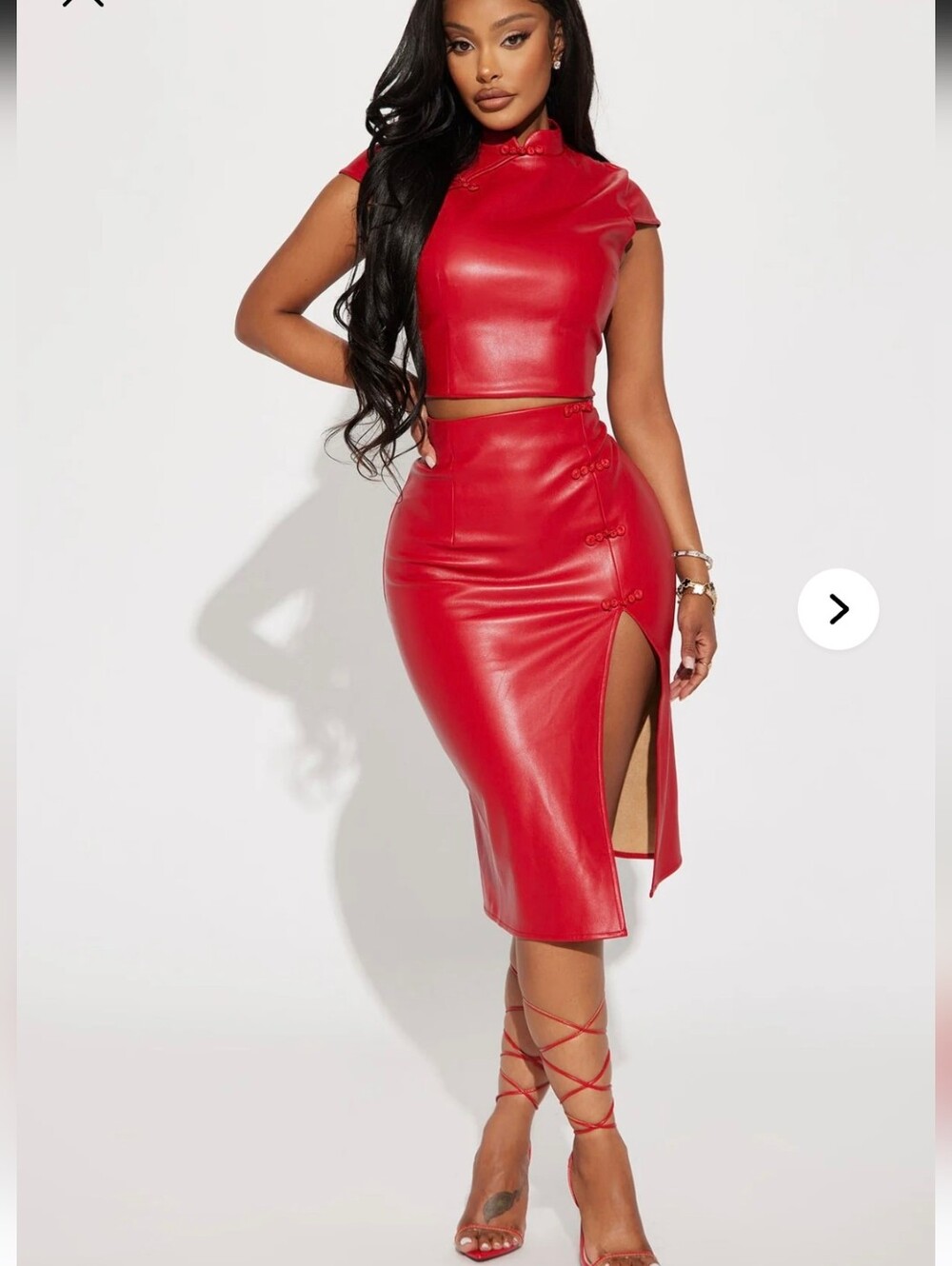Fashion Nova Red Faux Leather Mandarin Skirt Set with Side Slit